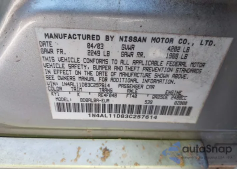 2003 Nissan Altima 2.5 S z USA, uszkodzony, nr VIN 1N4AL11D83C257614